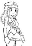  1girl female hainchu hikari_(pokemon) long_hair monochrome navel nintendo pokemon simple_background sketch solo 