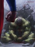  2boys after_battle barefoot bleeding blood bloody_fist cape crater crossover dc_comics defeated destruction epic feet fist green_skin hulk jee-hyung_lee marvel multiple_boys superman torn_clothes 