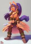  1girl artist_request boots breasts female full_body furry gradient gradient_background legend_of_mana ponytail purple_hair seiken_densetsu sierra skirt solo sword wolf 