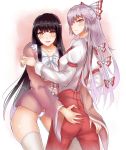  2girls ass ass_grab bad_anatomy black_hair bottomless fujiwara_no_mokou hair_ribbon houraisan_kaguya kevn multiple_girls red_eyes ribbon smile suspenders touhou yuri 