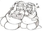  &lt;3 2girls artist_request belly blush closed_eyes eating fat food inkling monochrome multiple_girls navel pointy_ears splatoon thick_thighs 