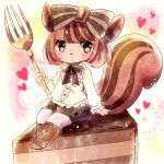  androgynous artist_request boots brown_eyes brown_hair cake chocolate food full_body furry gradient gradient_background hat short_hair sitting solo squirrel white_background 