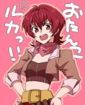  1girl belt breasts iria_animi jacket midriff open_mouth pants pink_background red_eyes redhead scarf short_hair solo tales_of_(series) tales_of_innocence 