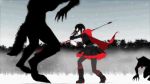  1girl 3d animated animated_gif battle boots cape death fighting frilled_skirt frilled_sleeves frills gothic_lolita hood lolita_fashion monster monty_oum moon pantyhose petals rose_petals ruby_rose rwby scythe short_hair skirt snow wolf 