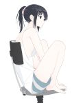  1girl aspara bare_shoulders barefoot black_hair blue_eyes chair closed_mouth expressionless female original ponytail short_hair sitting sleeveless solo 