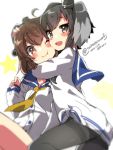  2girls :d :t black_hair black_legwear blurry blush_stickers brown_eyes brown_hair cheek-to-cheek dated depth_of_field dress grey_hair hand_around_neck hand_on_another&#039;s_head hat highres hug kantai_collection looking_at_viewer multicolored_hair multiple_girls one_eye_closed open_mouth pantyhose personification sailor_collar sailor_dress shiny shiny_hair shiny_skin short_hair smile star takeshima_(nia) tareme thighband_pantyhose tokitsukaze_(kantai_collection) twitter_username two-tone_hair two_side_up white_background yukikaze_(kantai_collection) 
