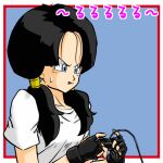  1girl artist_request black_hair blue_eyes blush dragon_ball dragonball_z fingerless_gloves gloves text tongue tongue_out translation_request videl 