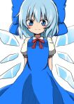  1girl arms_behind_back bangs blue_bow blue_dress blue_eyes blue_hair bow breasts cirno collared_shirt commentary_request dress eyebrows_visible_through_hair hair_between_eyes hair_bow highres ice ice_wings ikusu_(ikustasy) long_dress neck_ribbon pinafore_dress puffy_short_sleeves puffy_sleeves red_neckwear ribbon shirt short_hair short_sleeves simple_background small_breasts solo touhou white_background white_shirt wings 