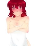  1girl bare_shoulders blush breasts cleavage embarrassed iria_animi red_eyes redhead short_hair solo tales_of_(series) tales_of_innocence towel 