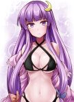  1girl bare_shoulders bikini black_bikini blush bow breasts cleavage crescent crescent_hair_ornament criss-cross_halter female hair_bow hair_ornament halter_top halterneck highres large_breasts long_hair looking_at_viewer navel patchouli_knowledge purple_hair shiny shiny_skin solo swimsuit touhou very_long_hair violet_eyes y2 