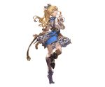  1girl blonde_hair boots bow detached_sleeves frilled_skirt frills full_body granblue_fantasy knee_boots long_hair looking_at_viewer looking_back minaba_hideo open_mouth ponytail short_sleeves simple_background skirt smile solo standing vira wrist_cuffs yellow_eyes 