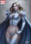  1girl arturo_gutierrez blonde_hair breasts cape cleavage corset elbow_gloves emma_frost fur_trim gloves hand_on_hip looking_at_viewer marvel midriff navel panties smile solo thigh-highs underwear white_gloves white_panties x-men 