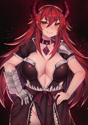  1girl absurdres airomed blush breasts cleavage collar fangs hair_between_eyes hands_on_hips highres horns large_breasts long_hair looking_at_viewer original osiimi redhead single_gauntlet smile yellow_eyes 