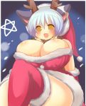  1girl animal_ears bare_shoulders blush breasts bursting_breasts cape christmas cleavage cow_ears cow_girl curvy elbow_gloves female gloves happy hat horns huge_breasts mimisuke_(mim&#039;im) miniskirt night open_mouth original red_gloves santa_costume santa_hat short_hair silver_hair sitting skirt smile snow snowing solo star thick_thighs thigh-highs thighs wide_hips yellow_eyes 