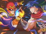  2boys arm_wrestling blue_eyes blue_hair captain_falcon crossover f-zero fire_emblem gloves headband helmet ike multiple_boys 