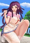  1girl bandage dangan_ronpa full_body gonoike_biwa kneeling legs long_hair nurse outdoors smile super_dangan_ronpa_2 thighs tsumiki_mikan 