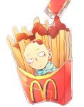  1boy bald chips doudoude_dou food french_fries hood hoodie jumper male_focus mcdonald&#039;s one-punch_man potato saitama_(one-punch_man) solo tomato_sauce 