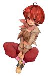  1girl belt breasts iria_animi jacket midriff navel open_mouth pants red_eyes redhead shoes short_hair socks solo tales_of_(series) tales_of_innocence 