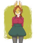  1girl artist_request breasts brown_hair dress female furry green_eyes long_hair rabbit solo twindrill 