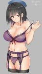  1girl bare_shoulders black_hair black_legwear bra breasts cropped_legs female garter_belt hat isshiki_(ffmania7) kantai_collection lace lace_bra lace_panties large_breasts lingerie navel panties purple_bra purple_panties red_eyes short_hair sketch solo strap_pull takao_(kantai_collection) thigh-highs twitter_username underwear underwear_only 