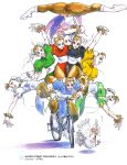  90s bicycle bird brown_hair capcom chicken china_dress chinese_clothes chun-li double_bun grin multiple_girls smile street_fighter 