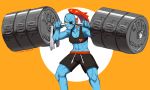  1girl abs barbell biceps blue_skin breasts cleavage eyepatch fins gills gym_shorts high_ponytail midriff monster_girl muscle navel redhead sharp_teeth shorts smile solo sports_bra taikodon teeth toned undertale undyne weightlifting weights 