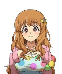  1girl :3 brown_hair gazacy_(dai) hair_ornament hairclip hands_on_own_chest highres idolmaster idolmaster_cinderella_girls jewelry long_hair long_sleeves looking_at_viewer moroboshi_kirari necklace simple_background solo star_in_eye upper_body wavy_hair white_background 