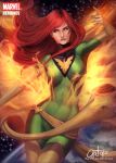  1girl arturo_gutierrez aura bodysuit dark_phoenix earth emblem fire gloves glowing glowing_eyes jean_grey looking_at_viewer marvel planet redhead sash solo space star_(sky) thigh-highs x-men 