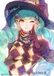  1girl black_gloves breasts eyeshadow fiore_burnelli gloves green_hair hat lipstick looking_at_viewer makeup pomiko_(mokokkokon) smile solo star_ocean star_ocean_integrity_and_faithlessness upper_body wink witch_hat yellow_eyes 