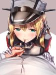  1boy 1girl absurdres admiral_(kantai_collection) anchor_hair_ornament baffu blonde_hair blush epaulettes eyebrows eyebrows_visible_through_hair food gloves green_eyes hair_ornament hat highres holding_hand kantai_collection long_sleeves looking_up peaked_cap pocky prinz_eugen_(kantai_collection) twintails white_gloves 