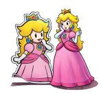 2girls blonde_hair crown dress dual_persona earrings elbow_gloves gloves highres jewelry lips long_dress long_hair mario_&amp;_luigi mario_&amp;_luigi:_paper_jam multiple_girls nintendo official_art paper_mario pink_dress princess princess_peach puffy_short_sleeves puffy_sleeves short_sleeves super_mario_bros. white_gloves