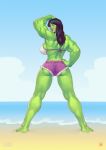  1girl ass back bikini black_hair female green_eyes green_skin joixxx long_hair marvel muscle she-hulk shorts smile solo 