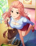  1girl artist_request bag breasts brown_eyes card_(medium) character_name cleavage cleavage_cutout earrings hamakawa_ayuna idolmaster idolmaster_cinderella_girls jewelry leaning_forward long_hair looking_at_viewer necklace official_art parted_lips pink_hair red_skirt skirt smile solo sun_(symbol) wavy_hair 