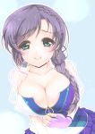 1girl blush braid breasts cleavage earrings female fingerless_gloves frapowa gloves green_eyes hair_over_shoulder jewelry large_breasts long_hair looking_at_viewer love_live! love_live!_school_idol_project purple_hair smile solo toujou_nozomi 