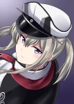  1girl back blonde_hair breasts capelet celtic_knot cross from_behind graf_zeppelin_(kantai_collection) grey_eyes hair_between_eyes hat highres kamelie kantai_collection large_breasts lips looking_at_viewer looking_back military_hat peaked_cap solo twintails uniform white_hat 