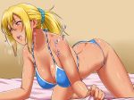  1girl all_fours ass back bed bed_sheet bikini blonde_hair blue_bikini blush breasts butt_crack drunk female highres large_breasts legs long_hair looking_away nigou open_mouth ponytail red_eyes sheet_grab shiny shiny_skin solo sweat sweating swimsuit thighs 