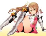  1girl 310123 alisha_diphda armor ass blush boots breasts brown_hair flower gauntlets green_eyes hair_flower hair_ornament long_hair looking_at_viewer open_mouth parted_lips shiny shiny_skin shorts side_ponytail sitting smile solo tales_of_(series) tales_of_zestiria 