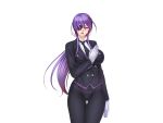 1girl arm_at_side breasts butler eyepatch feet_out_of_frame female formal gloves kagami_hirotaka large_breasts lilith-soft long_hair long_sleeves looking_at_viewer necktie onmyou_kishi_towako pants ponytail purple_hair shiki_reika simple_background solo tied_hair white_background white_gloves yellow_eyes