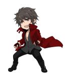  &gt;:d 1boy :d alternate_costume alternate_hairstyle boots brown_eyes brown_hair chibi coat fingerless_gloves full_body gloves hiyama_kiyoteru hiyama_kiyoteru_(vocaloid4) male_focus mouri open_clothes open_coat open_mouth pinstripe_pattern popped_collar red_gloves smile solo vocaloid white_background 