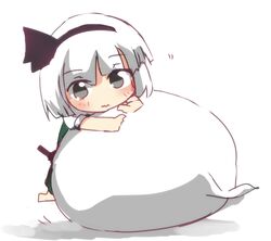  1girl aqua_eyes blush chibi commentary_request ghost girl_on_top green_eyes hair_ribbon hairband hitodama katana konpaku_youmu konpaku_youmu_(ghost) lying on_stomach open_mouth ribbon shirt short_hair silver_hair skirt skirt_set smile solo sword tosura-ayato touhou vest weapon white_hair 