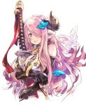  1girl between_breasts blue_eyes blush braid breasts doraf gloves granblue_fantasy hair_ornament hair_over_one_eye haku_(sabosoda) holding holding_weapon horns large_breasts lavender_hair long_hair looking_to_the_side narumeia_(granblue_fantasy) open_mouth pointy_ears simple_background smile solo sword upper_body weapon white_background 