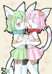  2girls artist_request brown_eyes cat closed_eyes furry green_hair multiple_girls open_mouth pink_hair short_hair twins 