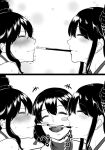  2koma 3girls bifidus blush blush_stickers closed_eyes comic detached_sleeves food fusou_(kantai_collection) greyscale hair_ornament interrupted ise_(kantai_collection) kantai_collection licking long_hair monochrome multiple_girls nontraditional_miko open_mouth pocky pocky_kiss profile shared_food short_hair sidelocks smile tongue tongue_out translation_request trembling yamashiro_(kantai_collection) 