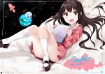  1girl black_eyes black_hair bow convenient_leg copyright_name dress earth hair_bow hair_ribbon hews_hack long_hair looking_at_viewer mary_janes moon open_mouth ribbon rin_(shelter) shelter_(music_video) shoes smile solo space_craft tablet_pc 