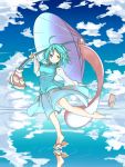 1girl ahoge aqua_hair blue_eyes blue_skirt blue_vest blush breasts closed_mouth clouds cloudy_sky day footwear_removed full_body furorina geta heterochromia highres holding holding_umbrella juliet_sleeves karakasa_obake long_sleeves looking_at_viewer looking_away outdoors puffy_sleeves red_eyes reflection ripples skirt sky smile solo standing standing_on_liquid tatara_kogasa tongue tongue_out touhou umbrella 