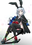 1girl animal_ears black_legwear blue_eyes blush boots breasts capelet cleavage coat collar facial_scar fake_animal_ears fate/grand_order fate_(series) flower full_body gradient gradient_background grey_hair hairband highres hilo_(joy_hero) knees_together_feet_apart leotard long_hair long_sleeves looking_at_viewer mary_read_(fate/grand_order) rabbit_ears scar sitting skull_and_crossbones smile solo thigh-highs white_leotard 