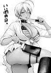  1girl ;) ahoge american_flag_bikini bikini bikini_top blush breasts butcher_knife cleavage collar collarbone dark_skin diisuke flag_print front-tie_top greyscale holding holding_knife holster knife large_breasts looking_at_viewer mito_ikumi monochrome one_eye_closed parted_lips shirt shokugeki_no_souma short_hair sleeves_rolled_up smile solo swimsuit thigh_holster translation_request white_shirt 