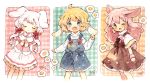  3girls :3 animal_ears blonde_hair blue_eyes blush bow bunny_tail closed_eyes dress fang fried_egg hair_bow highres long_sleeves messy_hair mokarooru multiple_girls one_eye_closed open_mouth original overalls pink_eyes pink_hair plaid plaid_background rabbit_ears shorts smile tail turtleneck twintails wrist_cuffs 
