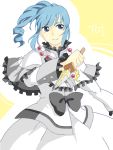  1girl ange_serena blue_eyes blue_hair capelet dress jewelry necklace ponytail ribbon short_hair smile tales_of_(series) tales_of_innocence weapon 