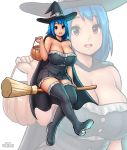  1girl bare_shoulders blue_hair boots breasts broom candy cape cleavage curvy erkaz female flying halloween hat huge_breasts legs looking_at_viewer miniskirt open_mouth original red_eyes rina_atherina sitting skirt smile solo thigh-highs wide_hips witch witch_hat 